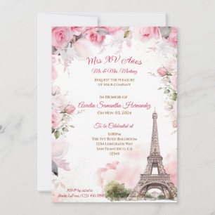 Paris Thema Pink Quinceañera Einladung Floral