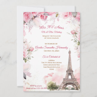 Paris Thema Pink Quinceañera Einladung Floral
