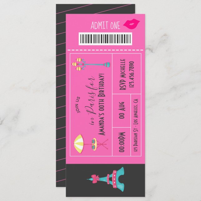 Paris themed Birthday Party Show Ticket Einladung (Vorne/Hinten)