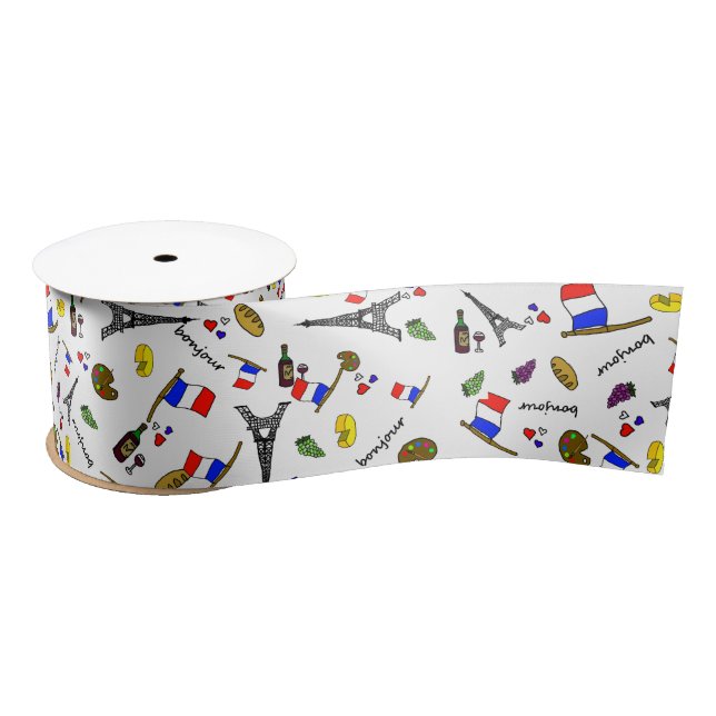 Paris Themed Cartoons Style Pattern Ribbon Satinband (Spule)