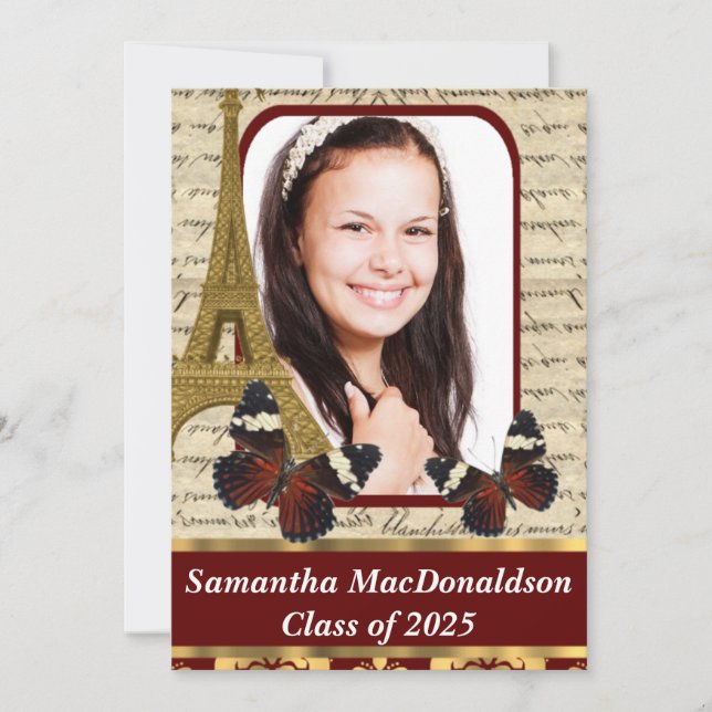 Paris und Schmetterlinge Foto Abschluss Einladung (Vorderseite)