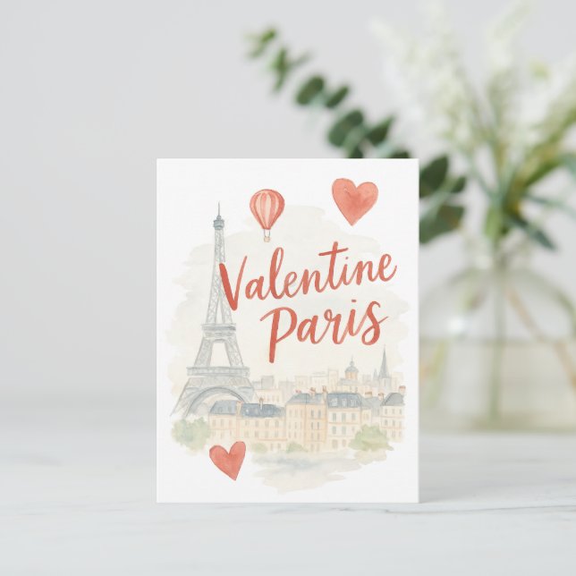 Paris Valentine Watercolor Karte – Eiffelturm (Stehend Vorderseite)