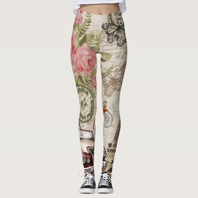 Paris Vintag: Postkartenstil Leggings (Vorderseite)
