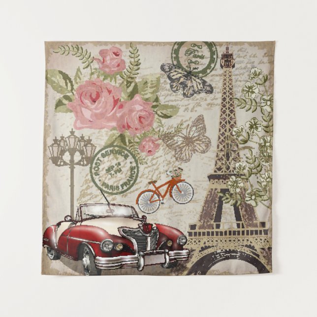 Paris Vintag: Postkartenstil Wandteppich (Vorderseite)