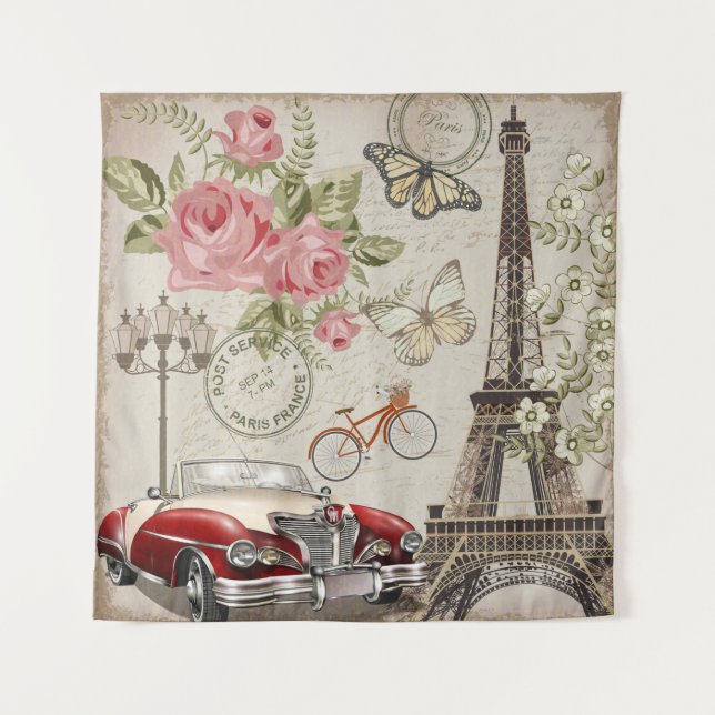 Paris Vintage Postkarte. Wandteppich (Vorderseite)