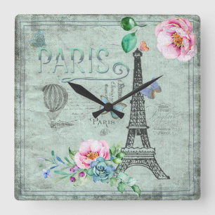 Paris - Vintage Typografie und Illustration Quadratische Wanduhr
