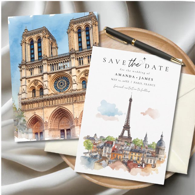 Paris Watercolor Skyline Save the Date Einladung (Paris-themed “Save the Date” card featuring watercolor illustrations of the Eiffel Tower.)