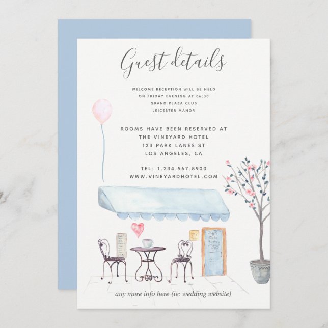 Paris Wedding Guest Details Aquarellfarben Einladung (Vorne/Hinten)