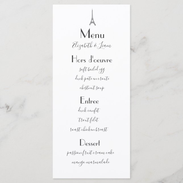 Paris Wedding Menu Menükarte (Vorderseite)