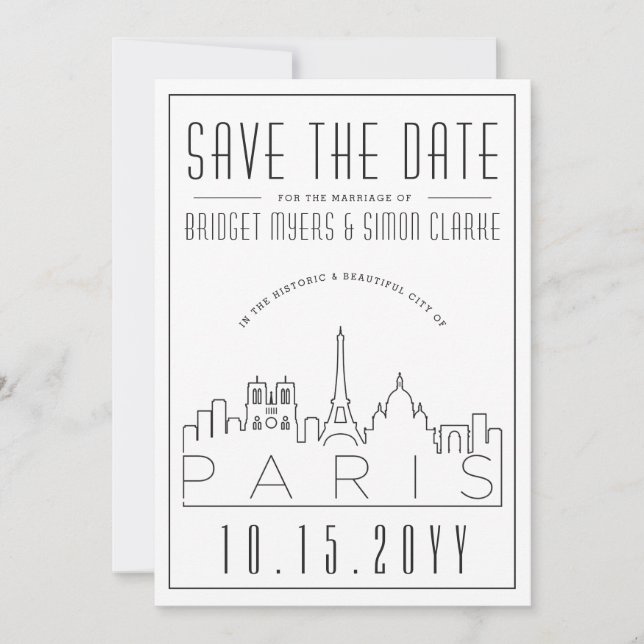 Paris Wedding | Stilisierte Skyline Save the Date Einladung (Vorderseite)