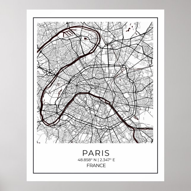 Paris White Map - Karte Mauer Art Deco Poster (Vorne)
