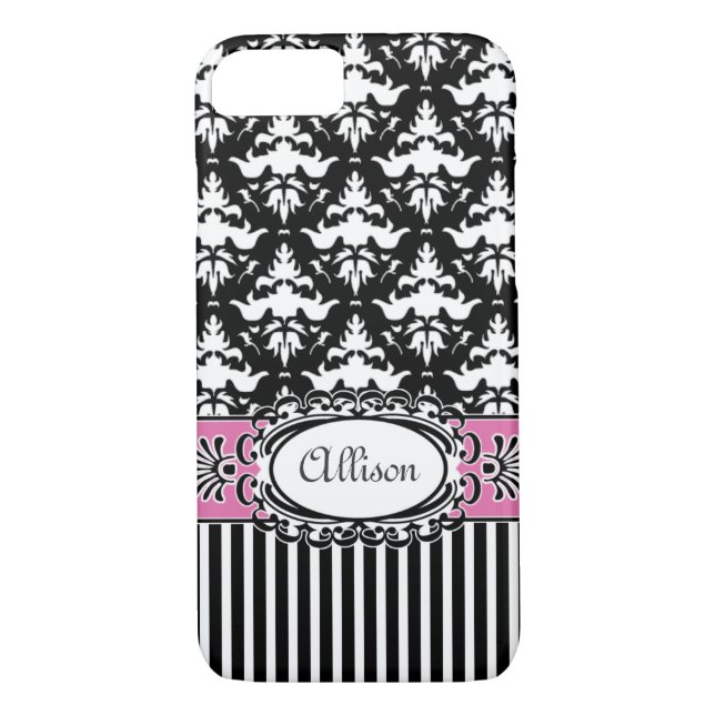 Parisdemoiselle-Damast-Rosa und Schwarzes Case-Mate iPhone Hülle (Rückseite)
