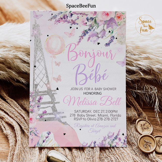 Pariser Babydusche Einladung Bonjour Bebe pink (Paris Baby Shower Invitation Bonjour Bebe Baby Shower Editable Paris Baby Shower Theme Pink purple)