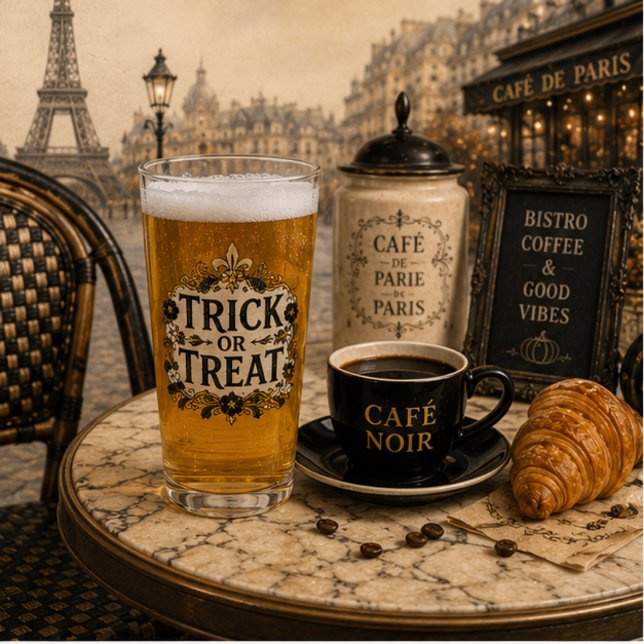 Pariser Bistro-Mosaikfliesen-Pint Gothic Glas (Halloween Trick or Treat pint glass with beer in cozy Parisian bistro bar and vintage autumn décor.)