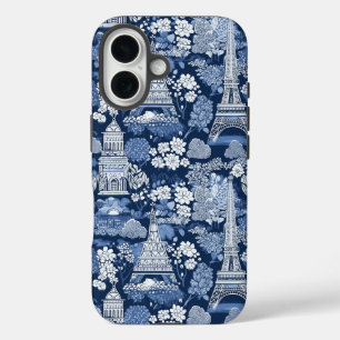 Pariser Blaue Toile gemusterter Stoff iPhone 16 Hülle