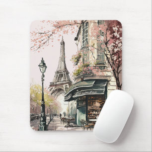 Pariser Café Eiffelturm Rosa Kirschblüten Mousepad
