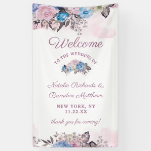 Pariser Charme Blau & Rosa Florale Hochzeitsbegrüß Banner