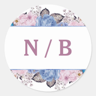Pariser Charme Blau & Rosa Florales Hochzeitsmonog Runder Aufkleber