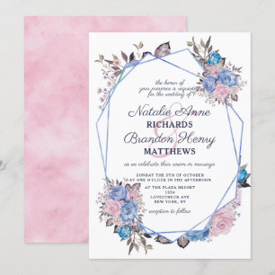 Pariser Charme Blau & Rosa Geometrische Hochzeit Einladung