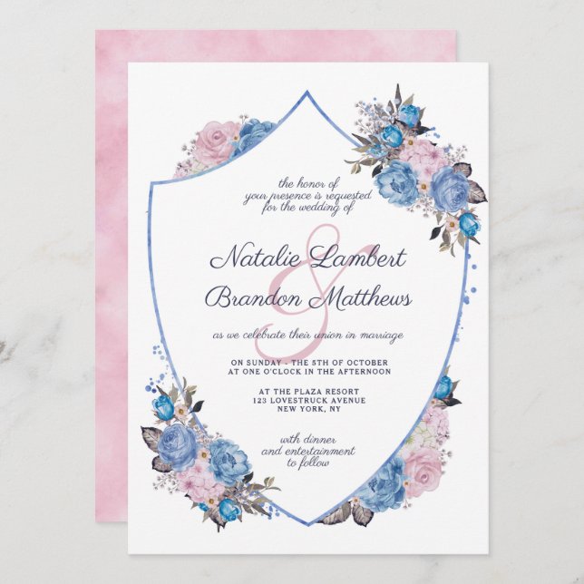 Pariser Charme Blau & Rosa Wappen Hochzeit Einladung (Vorne/Hinten)