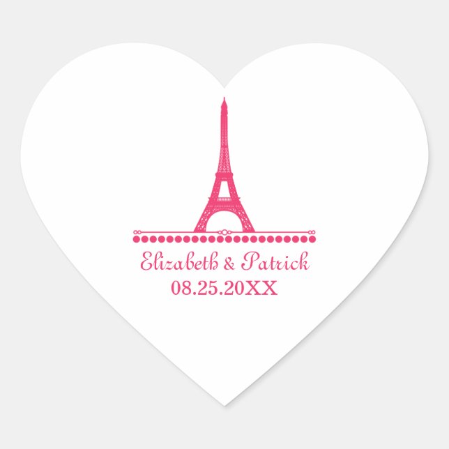 Pariser Chic-Hochzeitsticker, rosa Herz-Aufkleber (Vorderseite)