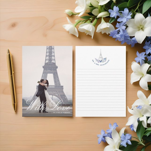 Pariser Eiffelturm Wasserfarbenflora Hochzeitsfeie Dankeskarte (Paris Eiffel Tower Watercolor Floral Wedding Photo Thank You Card)