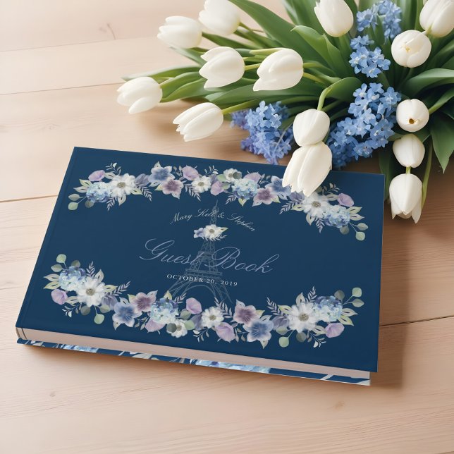 Pariser Eiffelturm Wasserfarbenflorale Hochzeit Gästebuch (Paris Eiffel Tower Watercolor Floral Navy Wedding Guest Book)