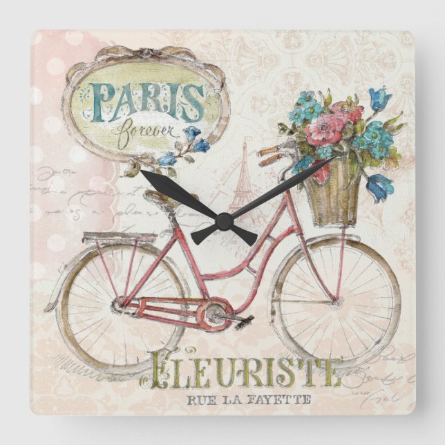 Pariser Fahrrad mit Blume vor Quadratische Wanduhr (Vorderseite)