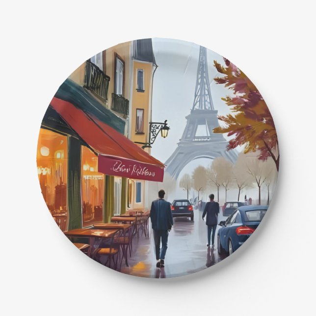 Pariser Französisches Café Eiffelturm Aquarell Pappteller (Vorderseite)