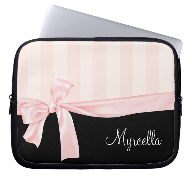 Pariser Girly rosa Streifen u. hellrosa Bogen Laptopschutzhülle (Vorderseite)