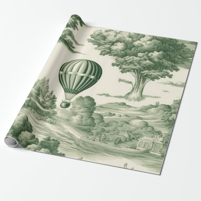 Pariser Grün Toile-Dorf-Ballon-Muster Geschenkpapier (Ungerollt)