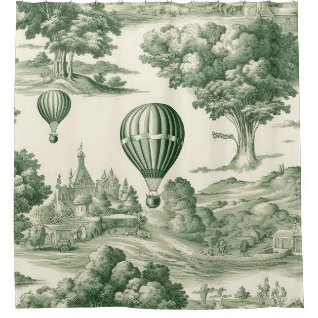 Pariser Grün Toile-Dorf Ballonmuster Duschvorhang (Vorderseite)