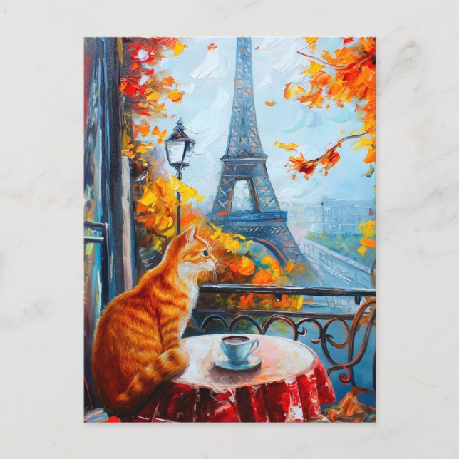 Pariser Herbst | Ginger Cat im Café Postkarte (Vorderseite)