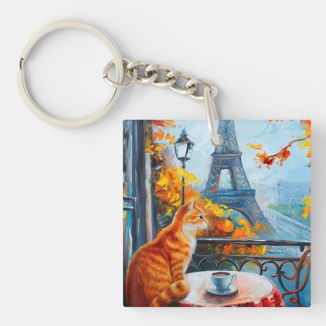Pariser Herbst | Ginger Cat im Café Schlüsselanhänger (Vorderseite)