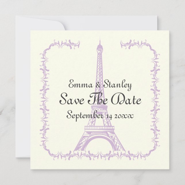 Pariser Hochzeit lila Eiffelturm Save the Date (Vorderseite)