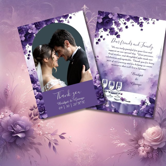 Pariser Liebe: Purple Flowers & Eiffel Wedding Dankeskarte (Von Creator hochgeladen)