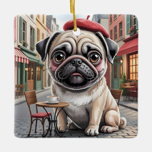 Pariser Mops im Straßenkaffeehaus Keramikornament (Vorderseite)