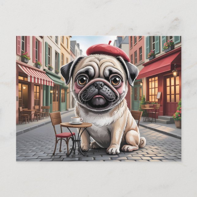 Pariser Mops im Straßenkaffeehaus Postkarte (Vorderseite)