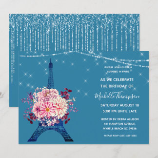 Pariser Navy Eiffel Tower Glitzer Floral Geburtsta Einladung