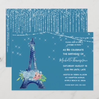 Pariser Navy Eiffelturm Glitzer Floral Geburtstag  Einladung