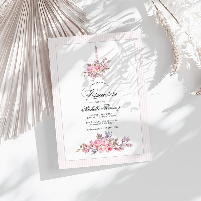 Pariser Rosa-Flora-Quinceñera-Foto Einladung (Parisian Pink Floral Quinceañera Photo Invitation)