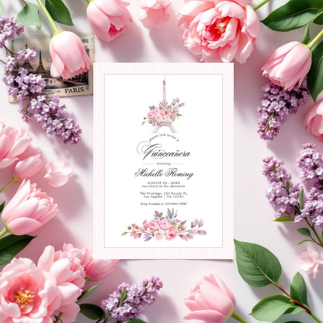 Pariser Rosa-Flora-Quinceñera-Foto Einladung (Parisian Pink Floral Quinceañera Photo Invitation)
