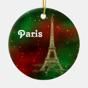 Pariser Skyline Eiffelturm Rot Grün Sternen Xmas Keramik Ornament