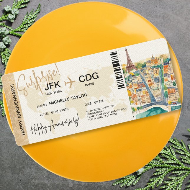 Pariser Überraschungsjubiläum Boarding Ticket Einladung (surprise boarding pass ticket trip to paris with watercolor illustrated map)