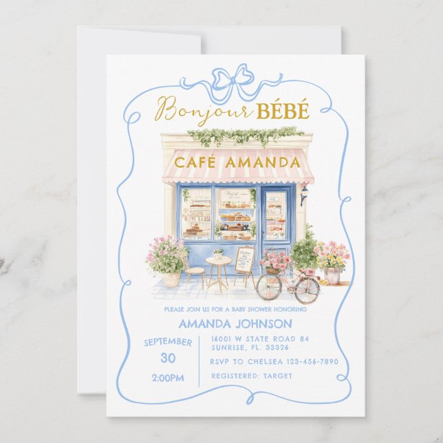Parisian Café Blue Coquette Baby Shower Einladung (Vorderseite)