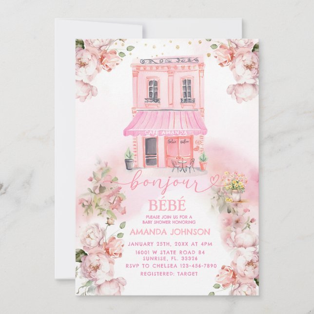 Parisian Café Pink Floral Baby Shower Einladung (Vorderseite)
