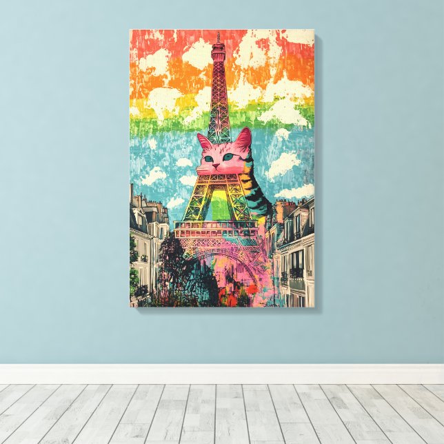 Parisian Cat - Eiffelturm Fantasy Art Leinwanddruck (Insitu (Holzboden))