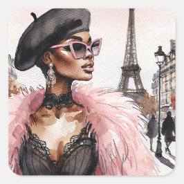 Parisian Chic Black Woman in France Watercolor Quadratischer Aufkleber