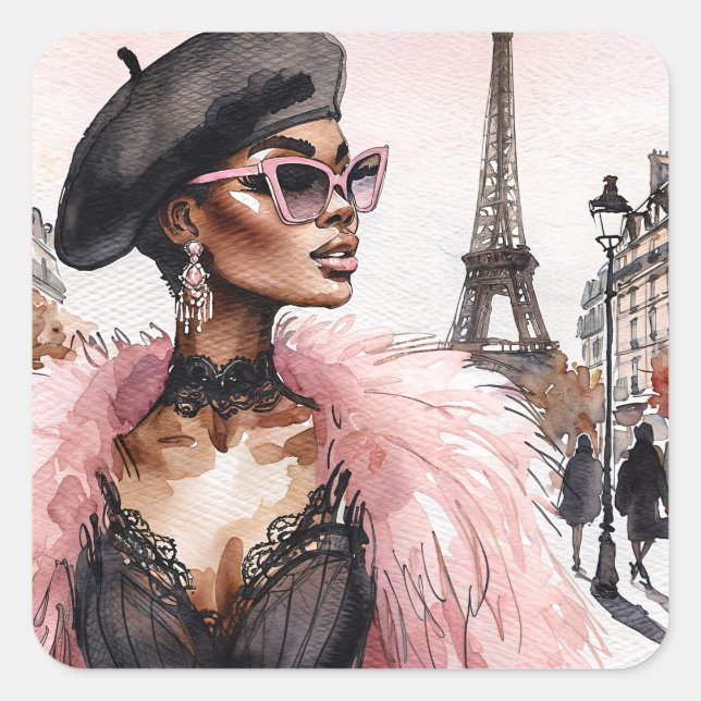 Parisian Chic Black Woman in France Watercolor Quadratischer Aufkleber (Vorderseite)