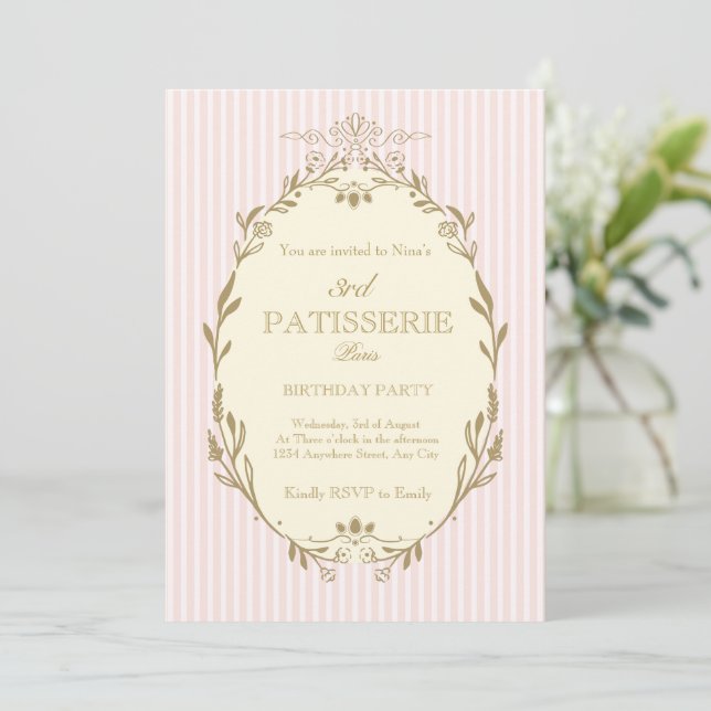 Parisian Patisserie French Vintage Style Pink Einladung (Stehend Vorderseite)
